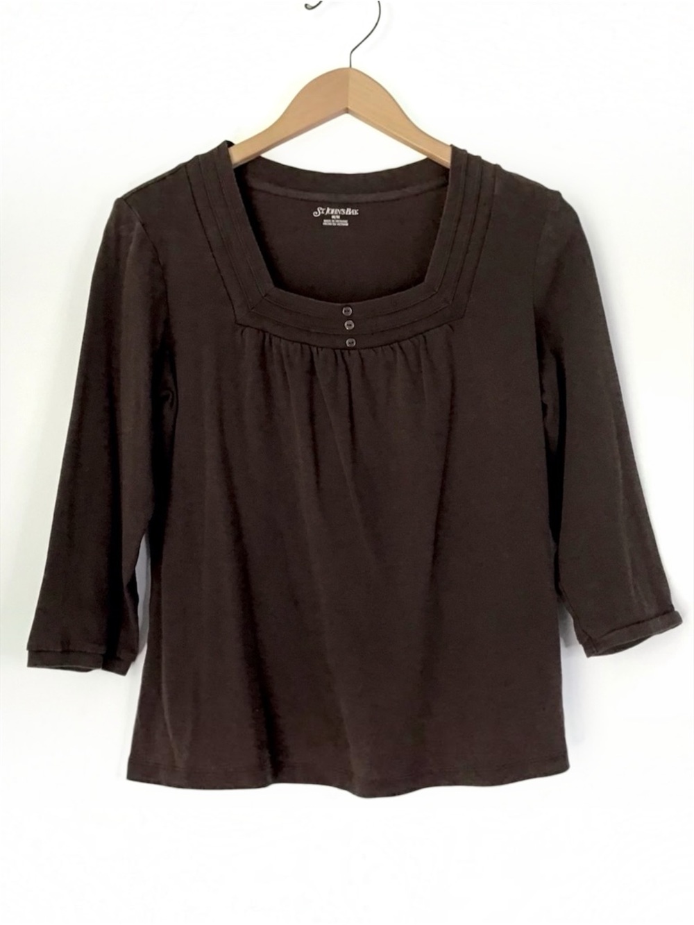St Johns Bay Brown Top Size M Square Neck 3/4 Sleeves Button Detail 100% Cotton